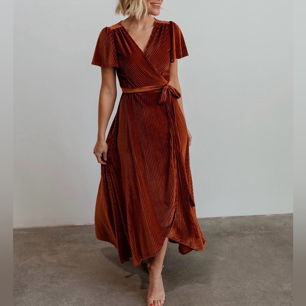 Baltic Born Andi Ribbed Velvet Wrap Dress Burnt Orange Small